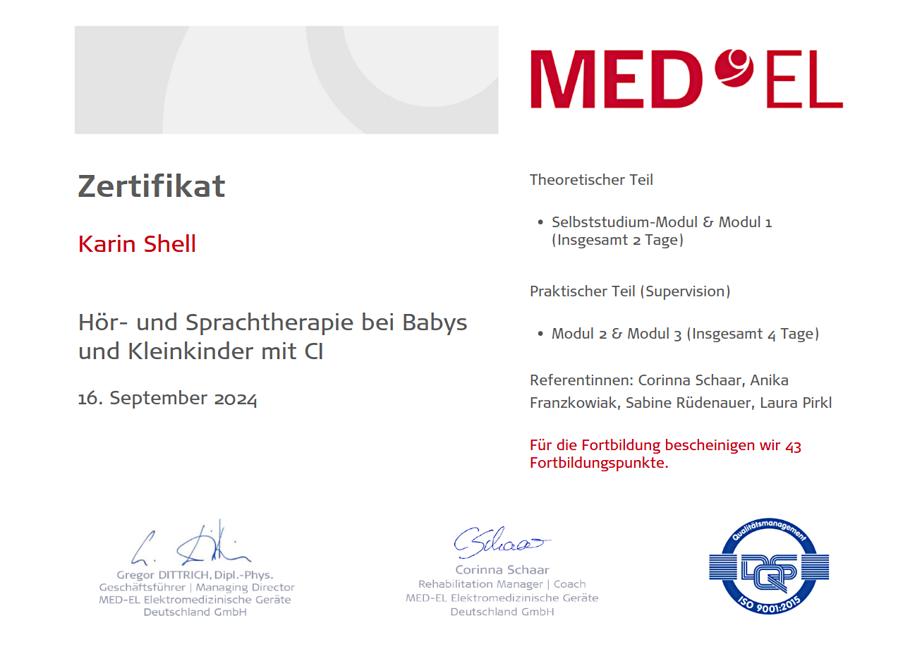 Zertifikat Karin Shell Hör- und Sprachtherapie bei Babys und Kleinkinder mit CI